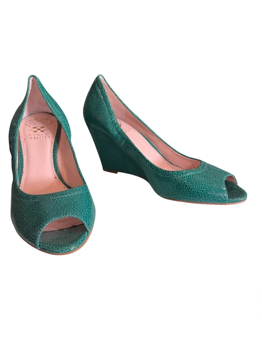 Vince Camuto Emerald Green Embossed Leather Peep Toe Wedge Heels 6.5M
